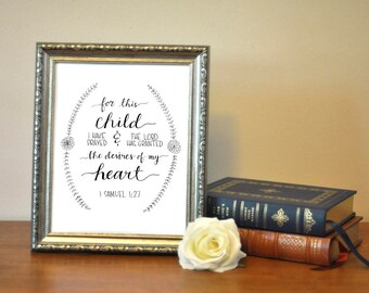 Hand beschriftet für dieses Kind habe ich gebetet 1 SAMMEL 1:27 Druck Instant Download druckbare 5 x 7 8 x 10 11 x 14