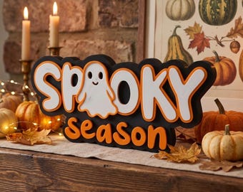 Spooky Season Halloween Decor, Freestanding Ghost Sign for Shelf or Mantel
