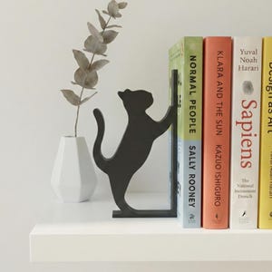 May include: A black cat-shaped bookend holds up a row of books on a white shelf. The books have colorful spines and titles like "Normal People" and "Sapiens." A white vase with a plant is to the left.