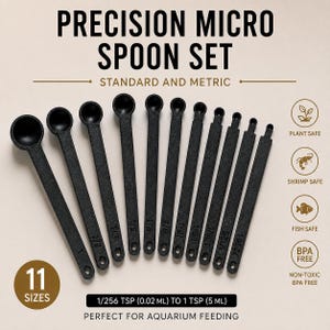 May include: A set of 11 black precision micro spoons with long handles, ranging from 1/256 tsp (0.02 ml) to 1 tsp (5 ml). The text reads Precision Micro Spoon Set, Standard and Metric, 11 Sizes, and includes icons for plant, shrimp, and fish safe.