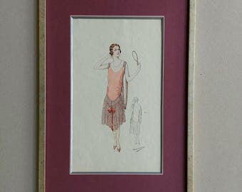 Grafika modowa w stylu art déco z 1925 r. w ramie, różowa sukienka koktajlowa, litografia Pochoir, dekoracja ścienna Atelier Bachwitz