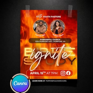 May include: A promotional poster with a fiery orange and yellow background, featuring the text "Ignite" in large, stylized letters. It includes photos of Pastor Greg and Pastor Sarah, and details for a Bible study event on April 15th at 7 PM. The Canva logo is visible.