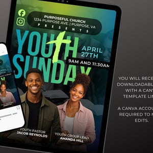 Puede incluir: Folleto digital para el evento Youth Sunday, con un fondo degradado y texto verde y azul. El folleto incluye la fecha, la hora y el lugar del evento, junto con fotos de dos personas sonriendo. Tambi&eacute;n hay iconos de redes sociales.