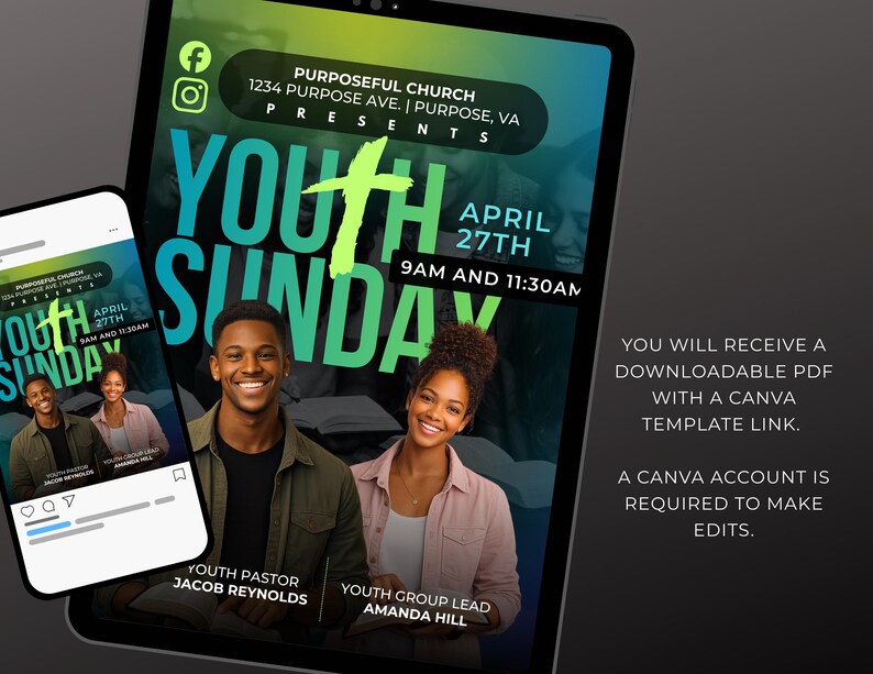 Puede incluir: Folleto digital para el evento Youth Sunday, con un fondo degradado y texto verde y azul. El folleto incluye la fecha, la hora y el lugar del evento, junto con fotos de dos personas sonriendo. Tambi&eacute;n hay iconos de redes sociales.