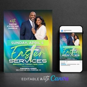 Colorful Easter Service Flyer Template, Resurrection Sunday Church Flyer, Bright Spring Worship Canva Template 8.5x11