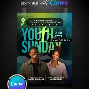 Puede incluir: Un cartel para un evento de Youth Sunday, con el texto "Youth Sunday" en letras grandes de color verde y turquesa. El cartel incluye la fecha, la hora y el lugar, junto con im&aacute;genes de dos personas sonriendo. El logotipo de Canva est&aacute; en la esquina inferior izquierda.
