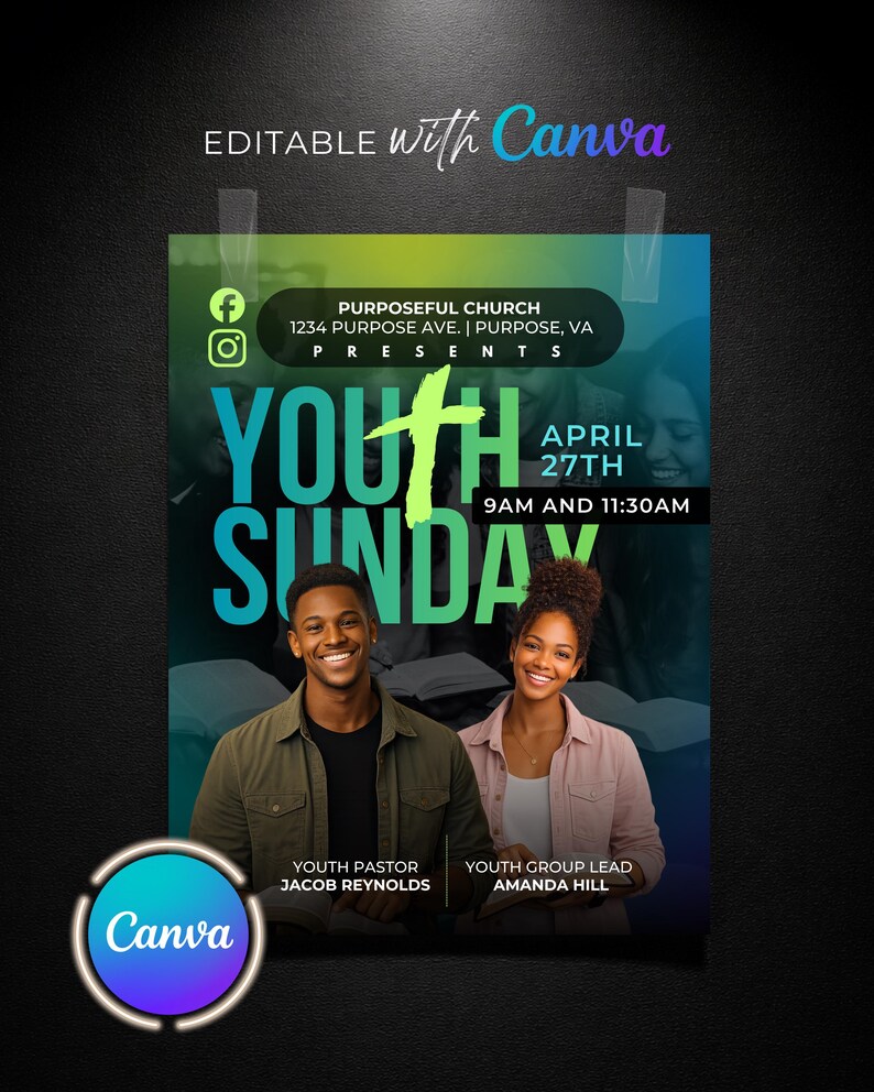 Puede incluir: Un cartel para un evento de Youth Sunday, con el texto "Youth Sunday" en letras grandes de color verde y turquesa. El cartel incluye la fecha, la hora y el lugar, junto con im&aacute;genes de dos personas sonriendo. El logotipo de Canva est&aacute; en la esquina inferior izquierda.