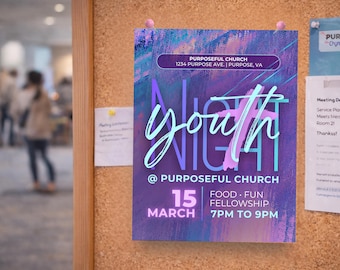 Plantilla de volante para la Noche de Jóvenes en la Iglesia, volante para evento del ministerio juvenil, evento de la iglesia para adolescentes, volante para la Noche de Adoración Juvenil, plantilla editable de Canva (8.5 x 11 pulgadas)