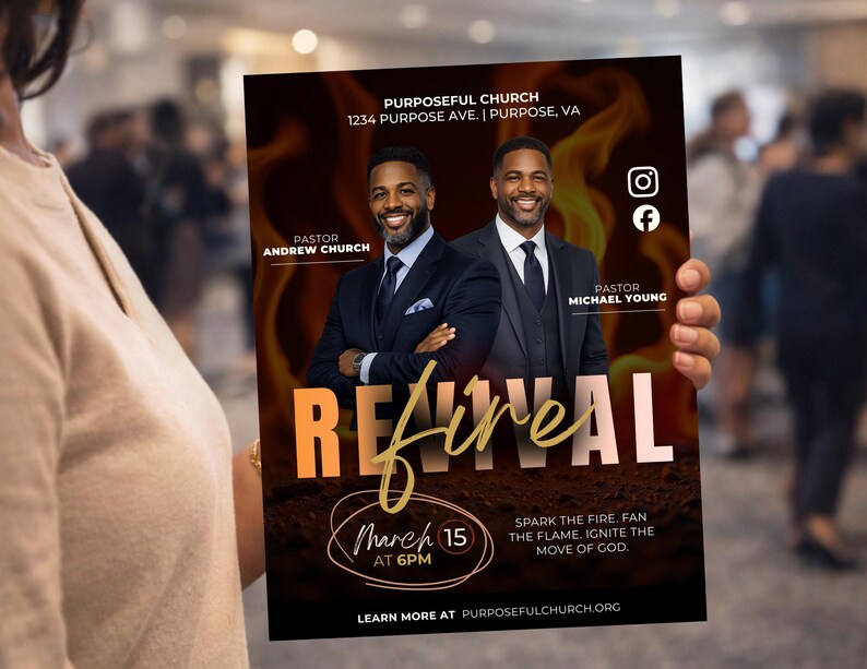 May include: A flyer with a fiery background is held by a person. The flyer promotes a church event called "Revival" with the date March 15 at 6 PM. It features images of two pastors and the church's website address.