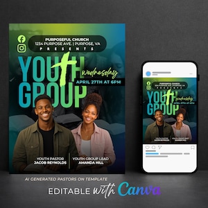 May include: A promotional flyer and a smartphone display a "Youth Group" event. The flyer features a gradient background with the text "Youth Group" in large green letters. The event details include the date, time, and pastor's names. The smartphone shows a similar design.
