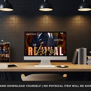 May include: A desktop computer and a clipboard on a wooden desk. The computer displays the word "Revival" in gold and white, with two men in suits. The clipboard shows a similar design. The text "EDIT AND DOWNLOAD YOURSELF | NO PHYSICAL ITEM WILL BE SHIPPED" is at the bottom.