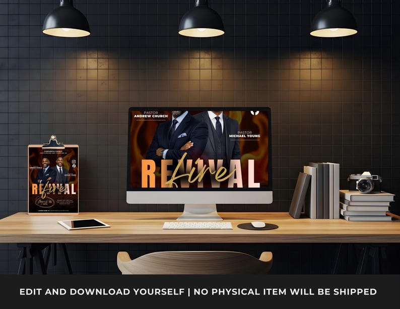 May include: A desktop computer and a clipboard on a wooden desk. The computer displays the word "Revival" in gold and white, with two men in suits. The clipboard shows a similar design. The text "EDIT AND DOWNLOAD YOURSELF | NO PHYSICAL ITEM WILL BE SHIPPED" is at the bottom.