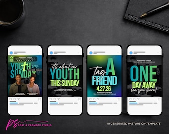 Plantillas para el servicio dominical juvenil / 4 publicaciones para Instagram / Plantillas de Canva para el servicio religioso de adolescentes / Folletos para el ministerio juvenil / Kit editable para redes sociales de la iglesia