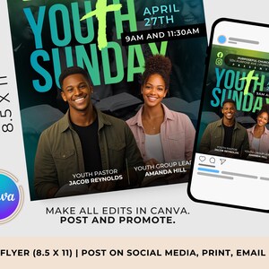 Puede incluir: Un folleto y un tel&eacute;fono inteligente muestran un gr&aacute;fico promocional para el "Youth Sunday" el 27 de abril a las 9 AM y 11:30 AM. El folleto mide 21,59 cm x 27,94 cm y presenta a dos personas sonriendo. El texto incluye "Youth Pastor Jacob Reynolds" y "Youth Group Lead Amanda Hill."