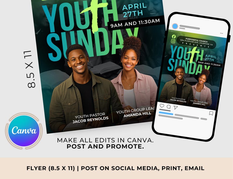 Puede incluir: Un folleto y un tel&eacute;fono inteligente muestran un gr&aacute;fico promocional para el "Youth Sunday" el 27 de abril a las 9 AM y 11:30 AM. El folleto mide 21,59 cm x 27,94 cm y presenta a dos personas sonriendo. El texto incluye "Youth Pastor Jacob Reynolds" y "Youth Group Lead Amanda Hill."