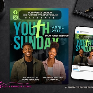 Puede incluir: Un folleto promocional para un evento de la iglesia, con el texto "Youth Sunday". El folleto incluye la fecha, la hora y el lugar, junto con im&aacute;genes de dos personas sonriendo. El folleto se muestra en un tel&eacute;fono inteligente y una mesa.