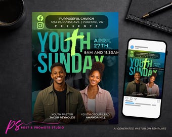 May include: A promotional flyer for a church event, featuring the text "Youth Sunday" in large, bold letters. The flyer includes the date, time, and location, along with images of two smiling people. The flyer is displayed on a smartphone and a table.