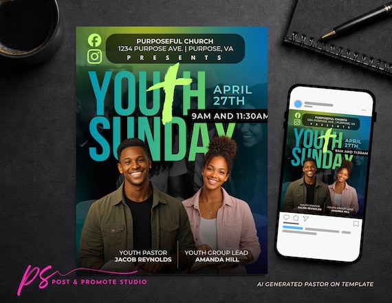Youth Sunday Service Flyer Template | Teen Church Service Canva Template | Bright Modern Youth Flyer 8.5x11 | Editable Social Media Post