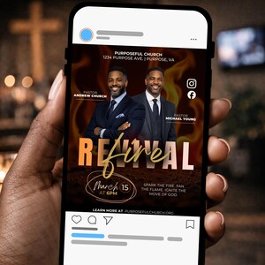 May include: A smartphone displays a promotional graphic for a church revival event. The design features two men in suits, the word "Revival" in large, stylized text, and event details including the date, time, and location. The background has a fiery orange glow.