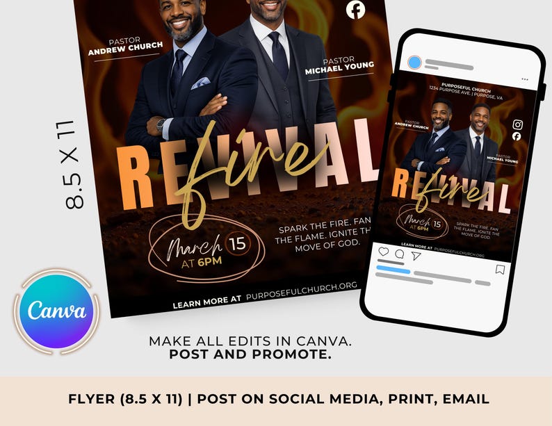 May include: A flyer and social media post promoting a church event. The flyer is 8.5 x 11 inches and features images of two pastors. The word "Revival" is in large gold script. The date is March 15 at 6 PM. The flyer is designed in Canva.