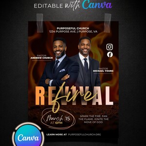 May include: A promotional poster for Purposeful Church featuring two pastors in suits against a fiery background. The poster includes the text "Revival," the date March 15 at 6 PM, and social media icons. The Canva logo is also visible.