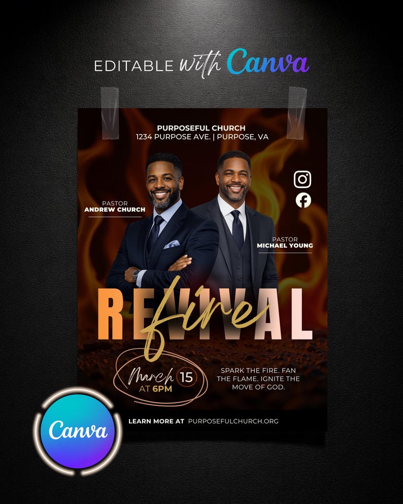 May include: A promotional poster for Purposeful Church featuring two pastors in suits against a fiery background. The poster includes the text "Revival," the date March 15 at 6 PM, and social media icons. The Canva logo is also visible.