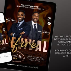 May include: Digital flyer for Purposeful Church's event, "Fire." The flyer features two men in suits against a fiery background. Text includes event details: March 15, 6 PM, and the church's address. The flyer is displayed on a tablet and smartphone.