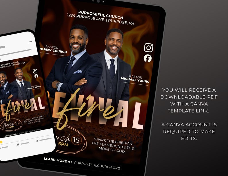May include: Digital flyer for Purposeful Church's event, "Fire." The flyer features two men in suits against a fiery background. Text includes event details: March 15, 6 PM, and the church's address. The flyer is displayed on a tablet and smartphone.