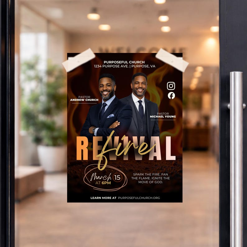 May include: A promotional poster for Purposeful Church, featuring Pastors Andrew Church and Michael Young. The poster has a fiery background and the word "Revival" in large letters. It includes the date March 15 at 6 PM and the church's website.