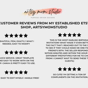 May include: A light gray graphic with the text "artsy mom studio" and customer reviews from the Etsy shop, ArtsyMomStudio. The reviews include phrases like "Beautiful item," "Quick service," and "Super easy to edit myself."