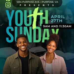 Puede incluir: Un cartel promocional para el Domingo Juvenil en la Iglesia Purposeful. El cartel presenta el texto "Youth Sunday" en letras turquesas grandes, una cruz verde y la fecha 27 de abril. Dos personas sonrientes aparecen en la parte inferior, con los nombres Jacob Reynolds y Amanda Hill.