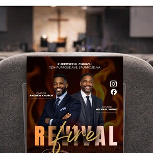 May include: A promotional flyer for Purposeful Church, featuring two pastors in suits against a fiery background. The flyer includes the church's address and the word "Revival" in large, stylized text. Social media icons are also visible.