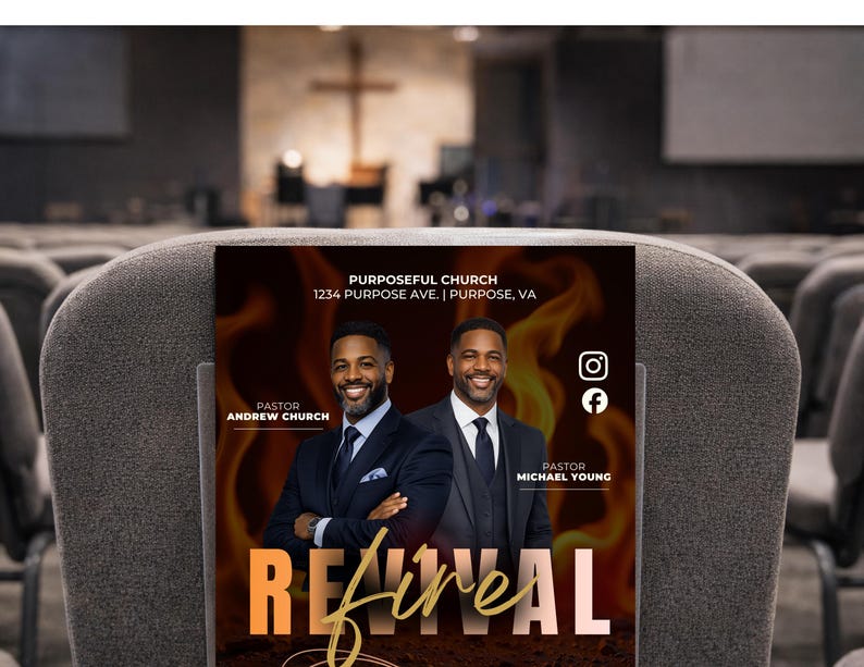 May include: A promotional flyer for Purposeful Church, featuring two pastors in suits against a fiery background. The flyer includes the church's address and the word "Revival" in large, stylized text. Social media icons are also visible.