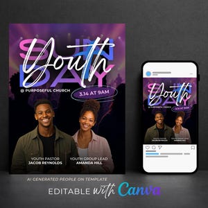Puede incluir: Una plantilla de folleto digital para un evento Youth Sunday en Purposeful Church, con un fondo estilo concierto en morado y azul, el texto Youth Sunday 3.14 at 9AM, y fotos de dos personas etiquetadas como Youth Pastor Jacob Reynolds y Amanda Hill.