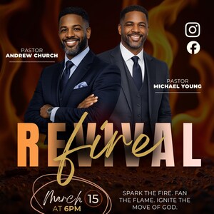 May include: A promotional poster for Purposeful Church featuring two smiling pastors in suits. The poster includes the text "Revival" in large orange and gold lettering, along with event details for March 15 at 6 PM.