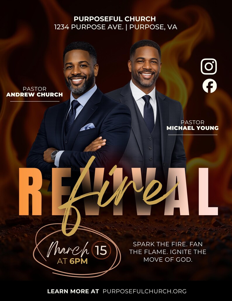 May include: A promotional poster for Purposeful Church featuring two smiling pastors in suits. The poster includes the text "Revival" in large orange and gold lettering, along with event details for March 15 at 6 PM.