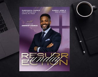 Easter Sunday Church Flyer Canva Template, Purple and Gold Resurrection Sunday Risen Flyer, Church Service Social Media Flyer 8.5x11