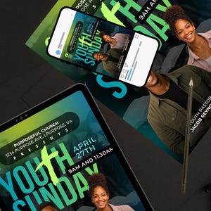 Puede incluir: Imagen promocional para un evento de la iglesia, con una tableta y un tel&eacute;fono inteligente que muestra los detalles del evento. El dise&ntilde;o incluye el texto "Youth Sunday" en una combinaci&oacute;n de colores vibrantes, junto con informaci&oacute;n del evento y fotos de personas sonriendo.