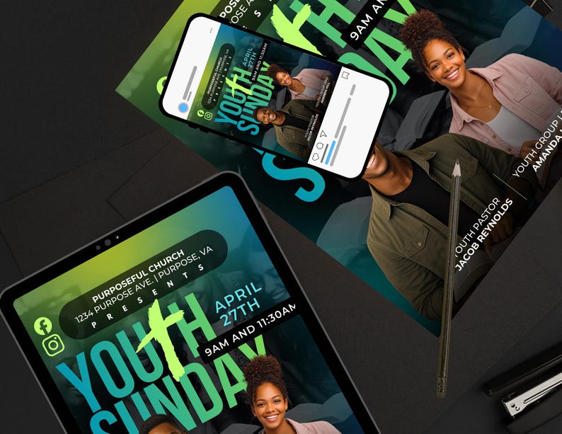 Puede incluir: Imagen promocional para un evento de la iglesia, con una tableta y un tel&eacute;fono inteligente que muestra los detalles del evento. El dise&ntilde;o incluye el texto "Youth Sunday" en una combinaci&oacute;n de colores vibrantes, junto con informaci&oacute;n del evento y fotos de personas sonriendo.