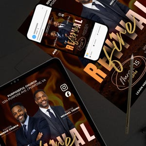 May include: A promotional graphic for a church event, featuring the word "Revival" in gold script. The design includes images of two men in suits, a smartphone and a tablet displaying the event details, and the text "Spark the fire. Fan the flame. Ignite the move of God."