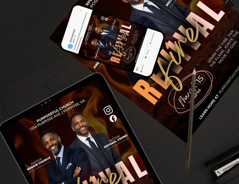 May include: A promotional graphic for a church event, featuring the word "Revival" in gold script. The design includes images of two men in suits, a smartphone and a tablet displaying the event details, and the text "Spark the fire. Fan the flame. Ignite the move of God."