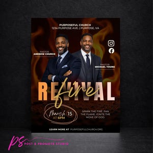 May include: A promotional poster for Purposeful Church, featuring two pastors in suits against a fiery background. The poster includes the text "Revival," event details for March 15 at 6 PM, and social media icons.