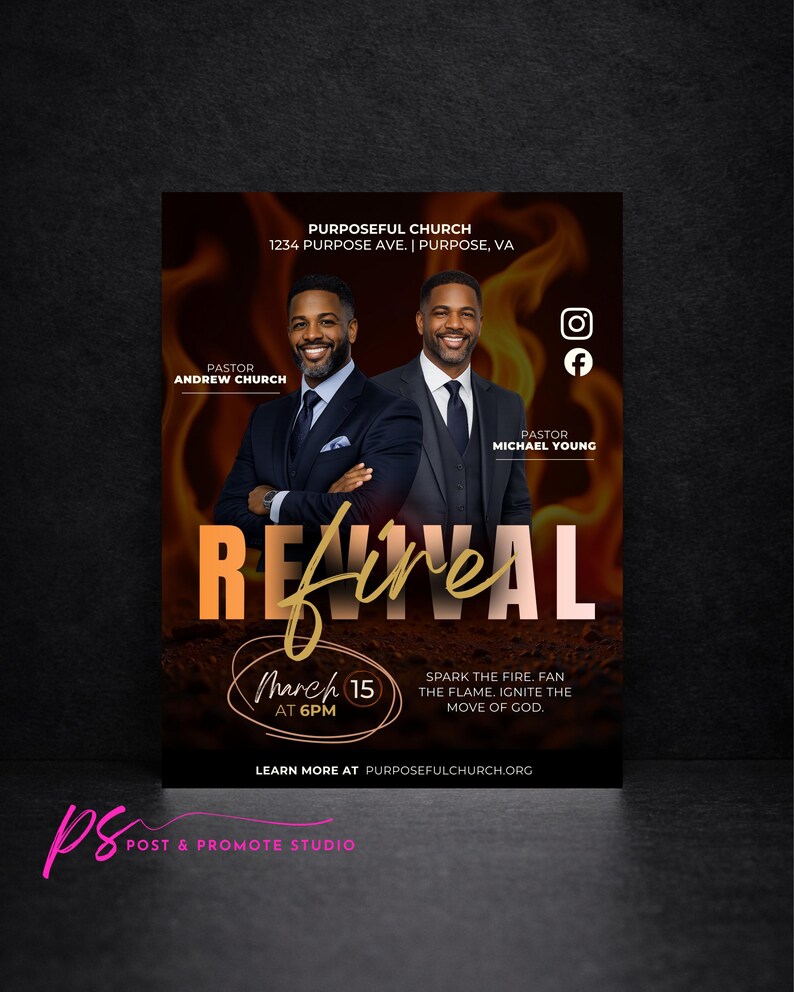 May include: A promotional poster for Purposeful Church, featuring two pastors in suits against a fiery background. The poster includes the text "Revival," event details for March 15 at 6 PM, and social media icons.