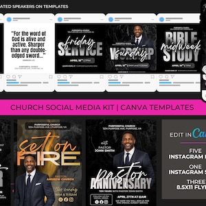 May include: A church social media kit with Canva templates. The kit includes five Instagram posts, one Instagram story, and three 8.5x11 flyers. The templates feature images of a pastor and event details.