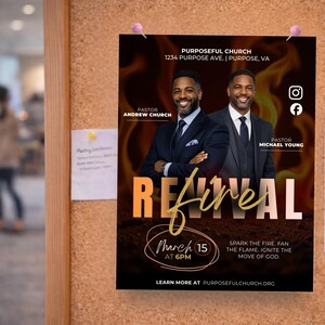 May include: A promotional poster for Purposeful Church, featuring two men in suits against a fiery background. The poster includes the text "Revival," the date March 15 at 6 PM, and the church's website.