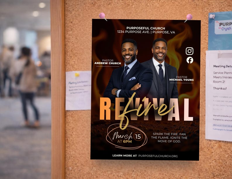 May include: A promotional poster for Purposeful Church, featuring two men in suits against a fiery background. The poster includes the text "Revival," the date March 15 at 6 PM, and the church's website.