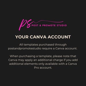 Puede incluir: Gr&aacute;fico negro con texto rosa y blanco "PS POST & PROMOTE STUDIO". El texto "YOUR CANVA ACCOUNT" est&aacute; en blanco. El texto explica que las plantillas requieren una cuenta de Canva y pueden aplicarse cargos adicionales.