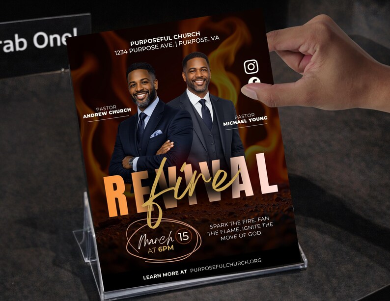 May include: A flyer for Purposeful Church's Revival event, held March 15 at 6 PM. The design features two smiling men in suits against a fiery background. Text includes the church's address and the pastors' names.