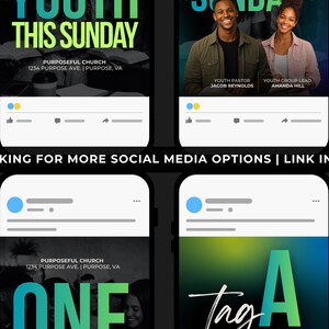 Puede incluir: Cuatro publicaciones en redes sociales sobre un fondo negro. La publicaci&oacute;n superior izquierda dice "YOUTH THIS SUNDAY" con informaci&oacute;n de la iglesia. La publicaci&oacute;n superior derecha presenta a dos personas y dice "YOUTH PASTOR JACOB REYNOLDS" y "YOUTH GROUP LEAD AMANDA HILL". Las publicaciones inferiores dicen "ONE" y "Tag A".