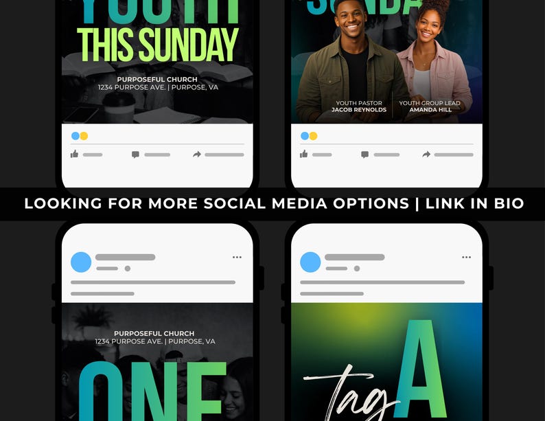 Puede incluir: Cuatro publicaciones en redes sociales sobre un fondo negro. La publicaci&oacute;n superior izquierda dice "YOUTH THIS SUNDAY" con informaci&oacute;n de la iglesia. La publicaci&oacute;n superior derecha presenta a dos personas y dice "YOUTH PASTOR JACOB REYNOLDS" y "YOUTH GROUP LEAD AMANDA HILL". Las publicaciones inferiores dicen "ONE" y "Tag A".